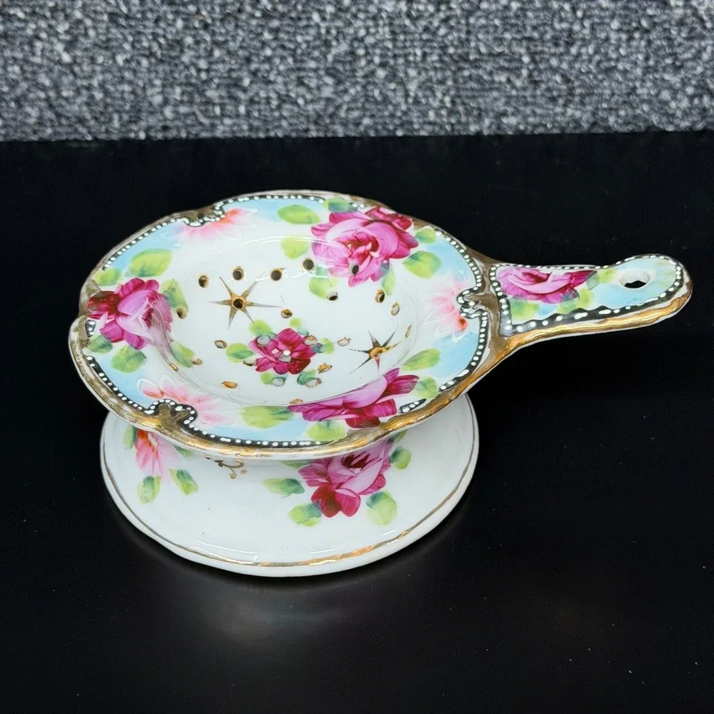 Vintage Japan Porcelain Tea Strainer Drip Bowl Pink Roses Gold Gilt Floral Set